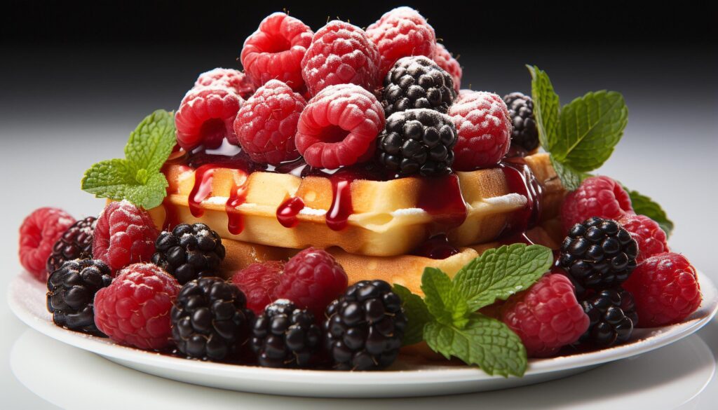 Fresh berry dessert with mint leaf on wooden plate generated by AI Free Photo