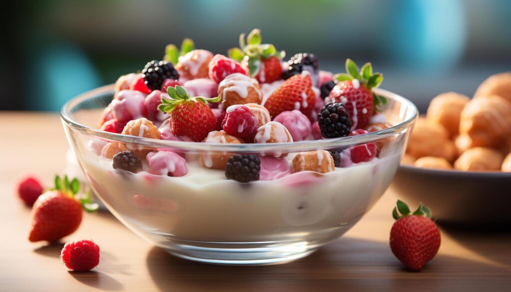 Fresh berry parfait on wooden table, healthy and delicious generated by AI Free Photo