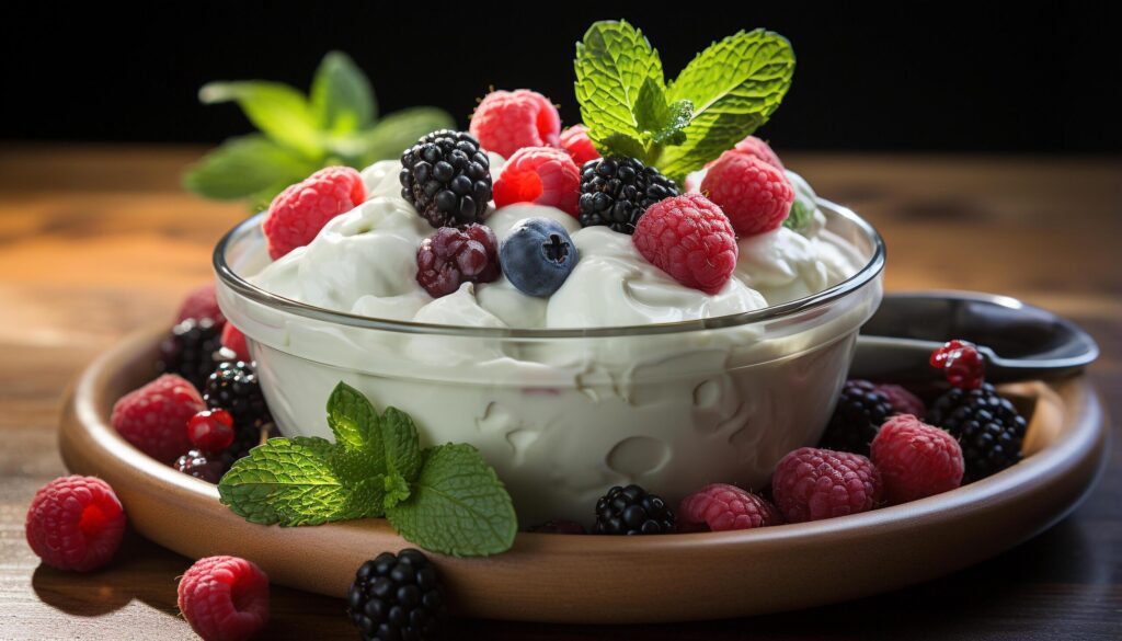 Fresh berry parfait with yogurt, granola, and mint on wooden table generated by AI Free Photo