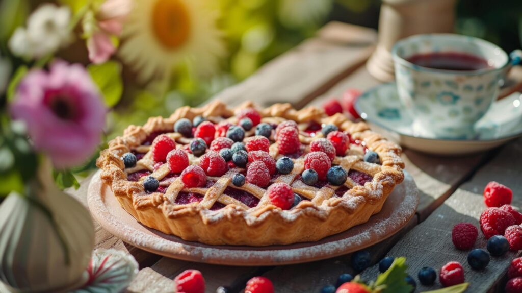 Fresh berry pie on a wooden table in a wide summer garden Free Photo