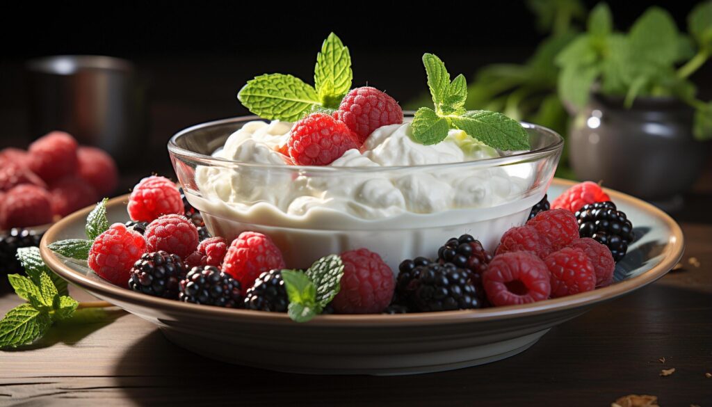 Fresh berry yogurt parfait on a rustic wooden table generated by AI Free Photo