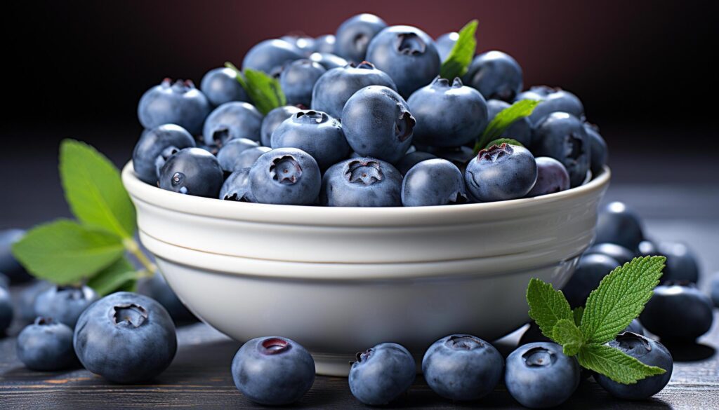 Fresh blueberries, ripe and juicy, in a rustic wooden bowl generated by AI Free Photo