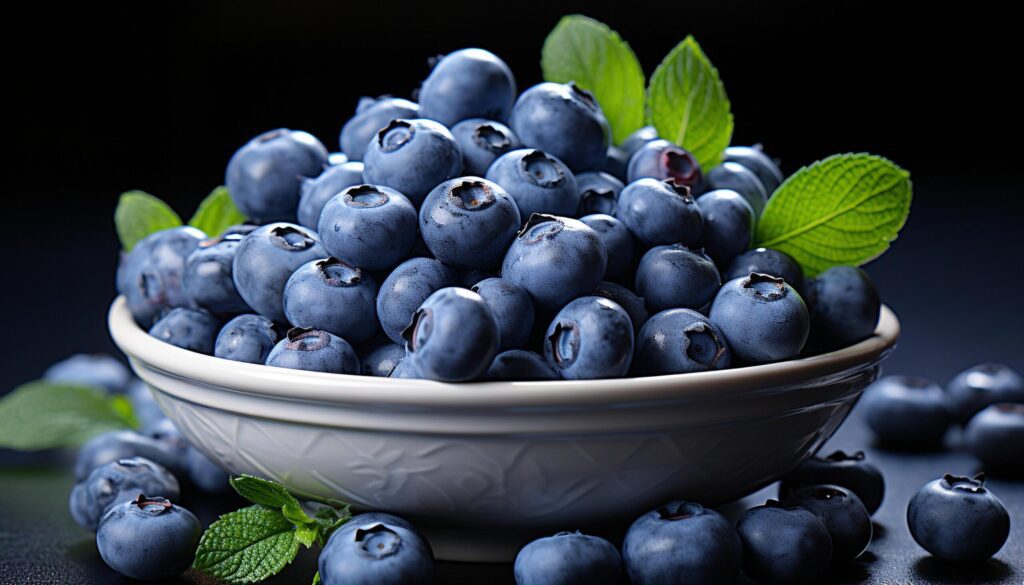 Fresh blueberries, ripe and juicy, on a wooden bowl generated by AI Free Photo