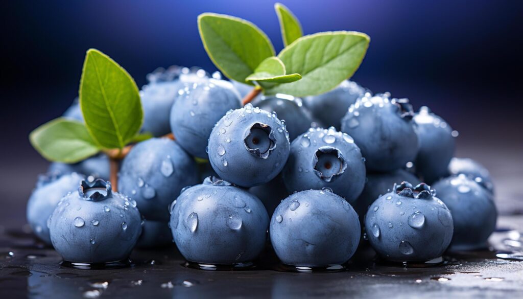 Fresh blueberries, ripe and juicy, on a wooden table generated by AI Free Photo