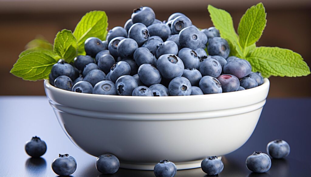 Fresh blueberries, ripe huckleberries, and juicy raspberries in a bowl generated by AI Free Photo