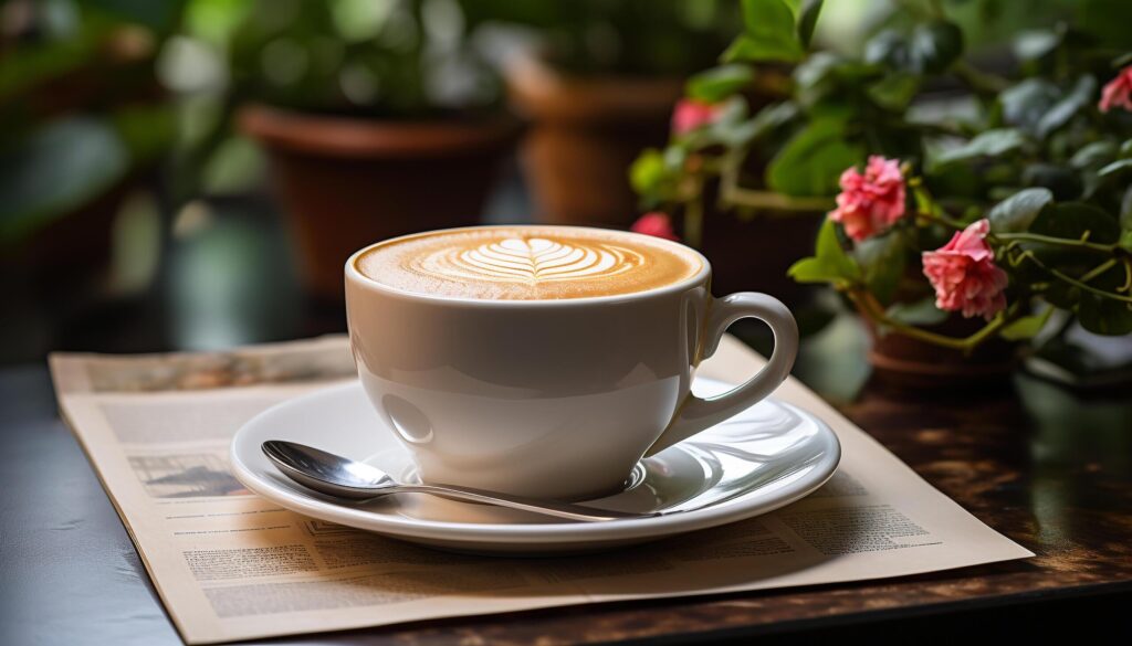 Fresh cappuccino on wooden table, a perfect coffee break generated by AI Free Photo