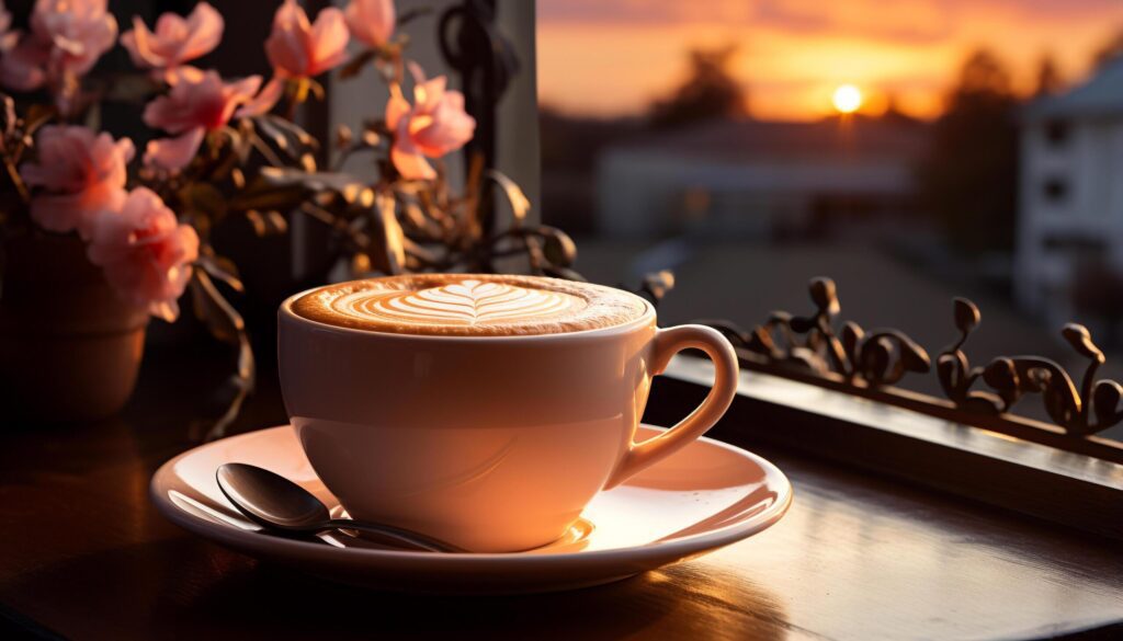 Fresh cappuccino on wooden table, a perfect morning relaxation generated by AI Free Photo