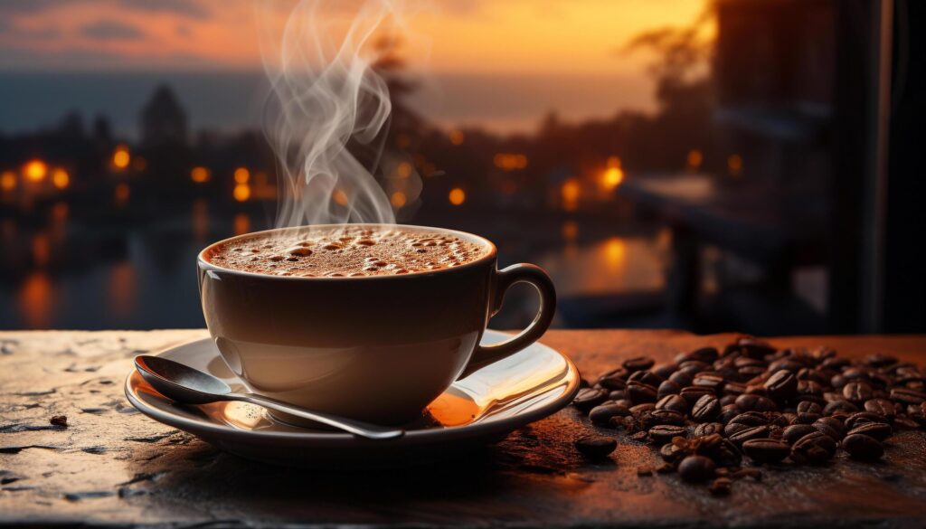 Fresh cappuccino on wooden table, steam rising, aromatic relaxation generated by AI Free Photo