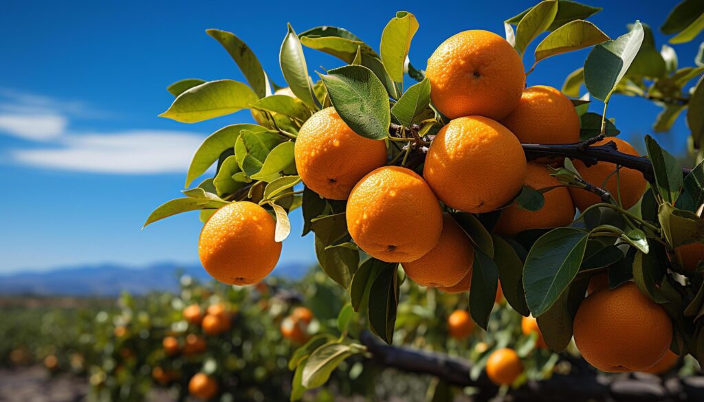 Fresh citrus fruit hanging from a vibrant orange tree generated by AI Free Photo