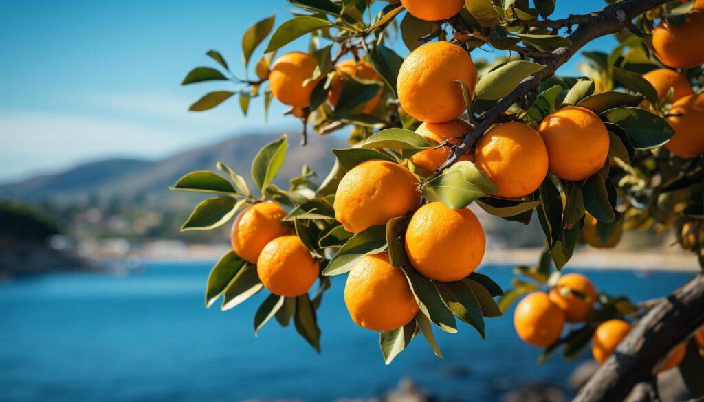 Fresh citrus fruit hanging on an orange tree in nature generated by AI Free Photo