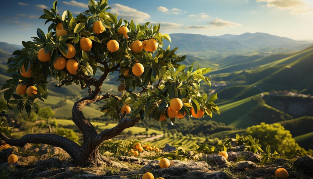 Fresh citrus fruit on a tree in a sunny orchard generated by AI Free Photo