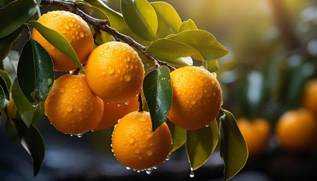 Fresh citrus fruits on a green tree branch in nature generated by AI Free Photo