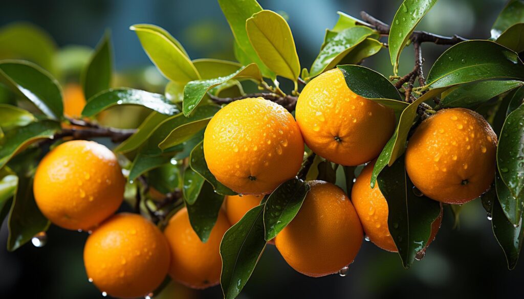 Fresh citrus fruits on a green tree branch, vibrant and juicy generated by AI Free Photo