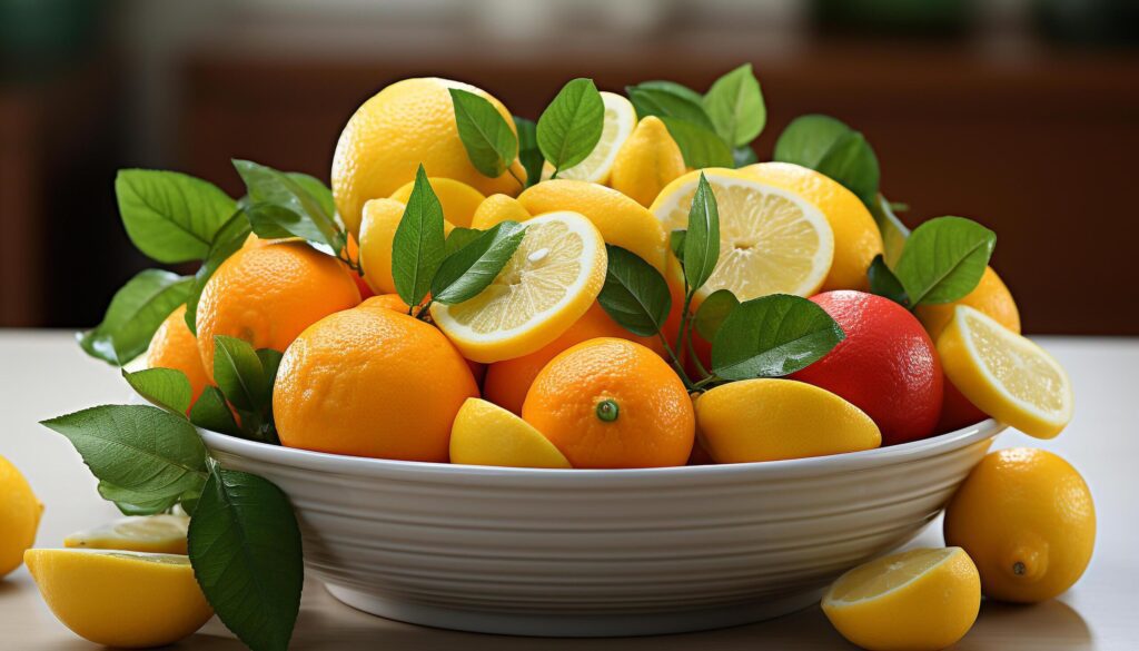 Fresh citrus fruits on wooden table, vibrant and juicy generated by AI Free Photo