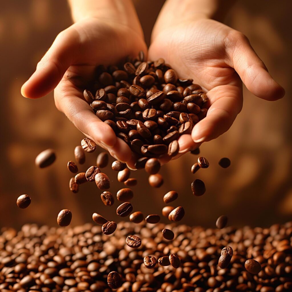 Fresh Coffee Beans Cradled in Hands Against a Warm Backdrop Free Photo