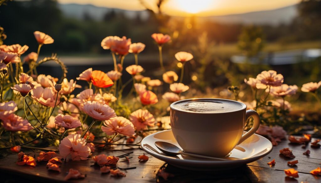 Fresh coffee cup on rustic table, nature beauty in bloom generated by AI Free Photo