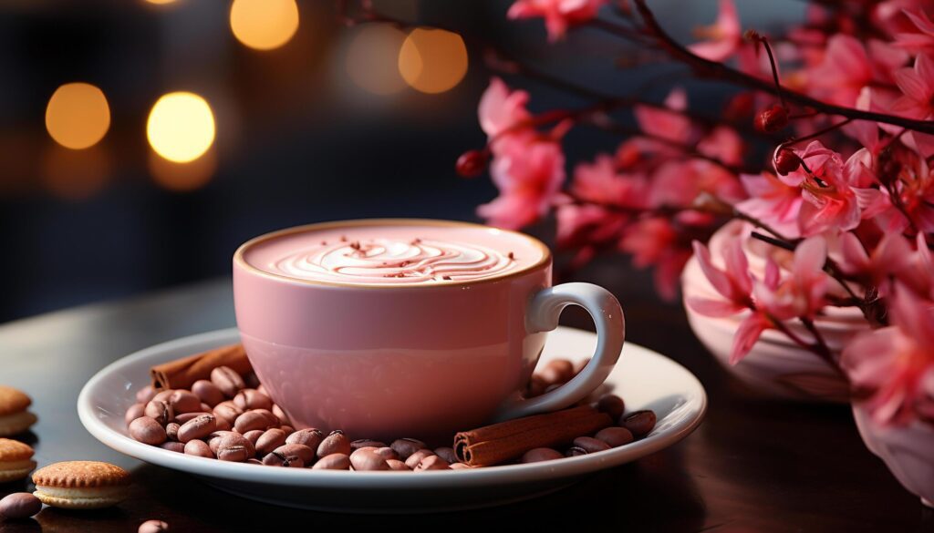 Fresh coffee cup on wooden table with chocolate dessert generated by AI Free Photo