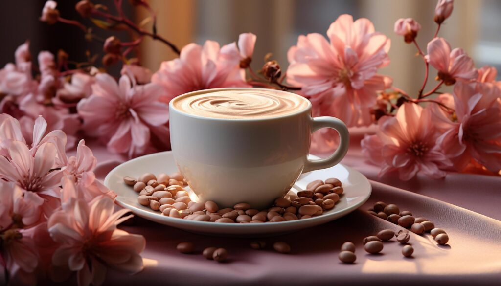 Fresh coffee cup on wooden table with flower decoration generated by AI Free Photo