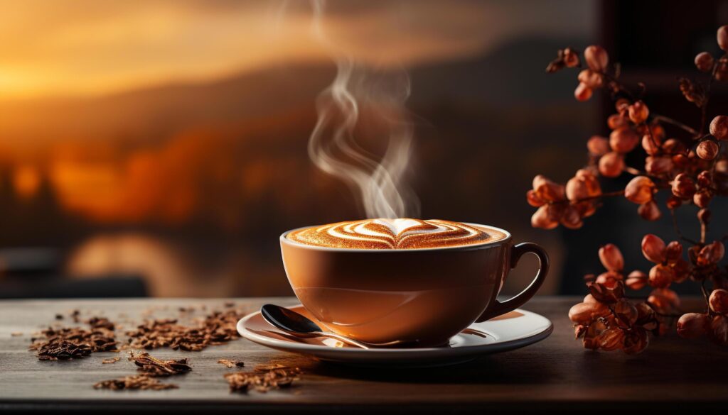 Fresh coffee on wooden table, steam rises from hot cup generated by AI Free Photo