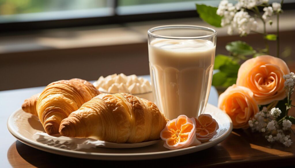 Fresh croissant and coffee on wooden table, a gourmet delight generated by AI Free Photo