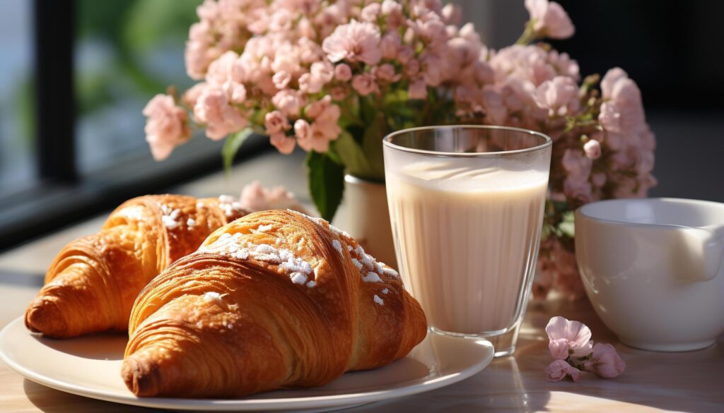 Fresh croissant and coffee on wooden table with flower bouquet generated by AI Free Photo