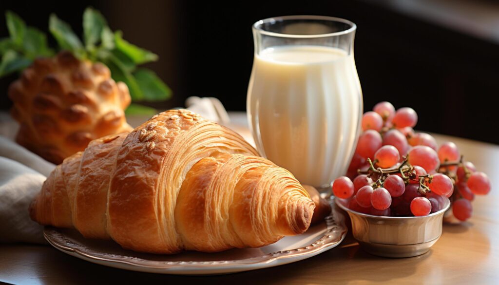 Fresh croissant and fruit on wooden table, a gourmet delight generated by AI Free Photo