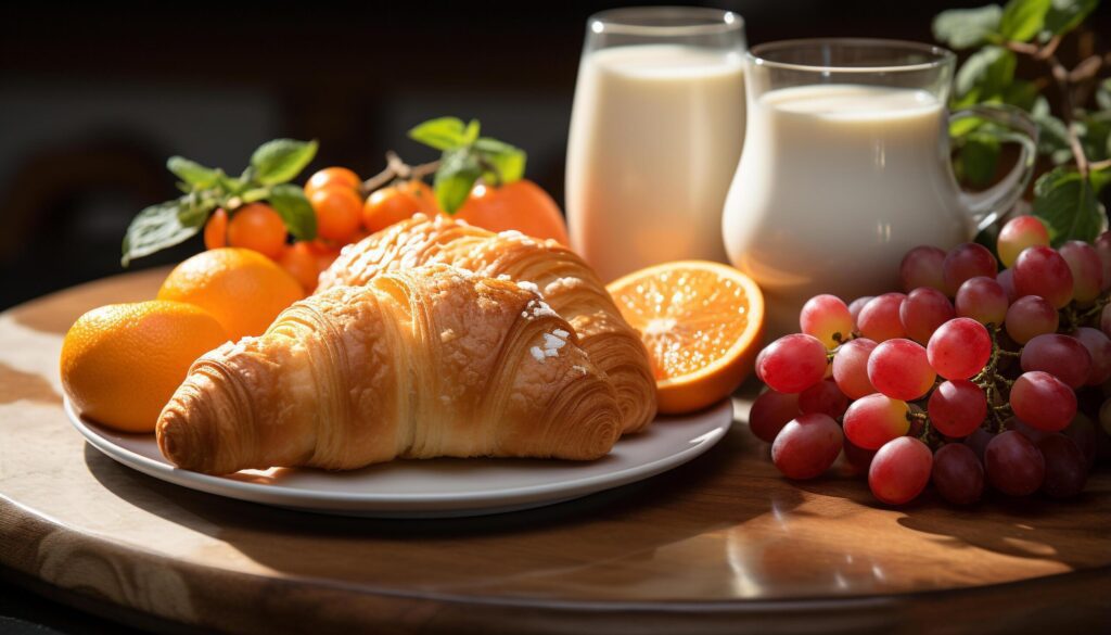 Fresh croissant and fruit on wooden table, healthy and delicious generated by AI Free Photo