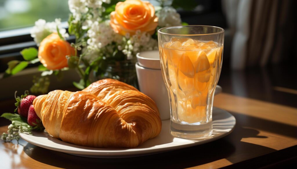 Fresh croissant and gourmet coffee on wooden table, pure elegance generated by AI Free Photo