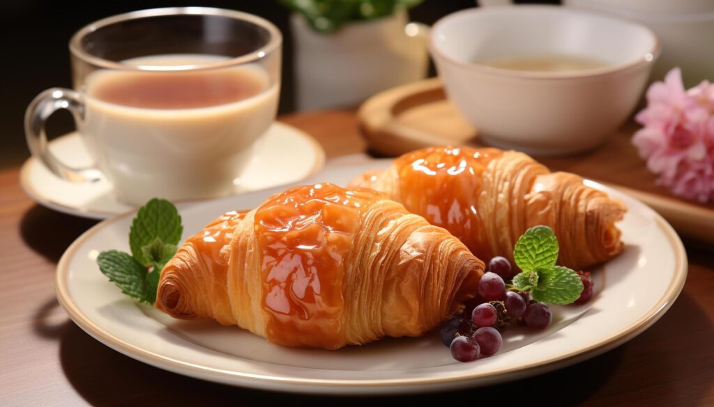 Fresh croissant on wooden plate, coffee cup, sweet pastry generated by AI Free Photo