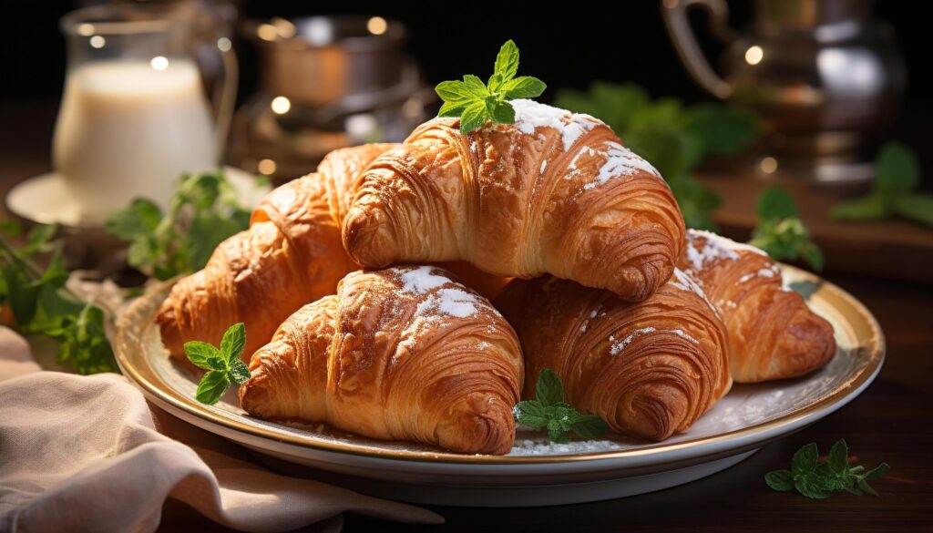 Fresh croissant on wooden table, a gourmet French pastry delight generated by AI Free Photo