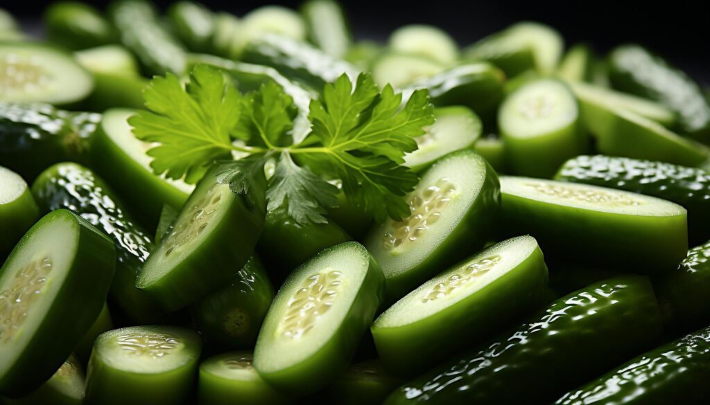 Fresh cucumber slice on a green salad, healthy and organic generated by AI Free Photo