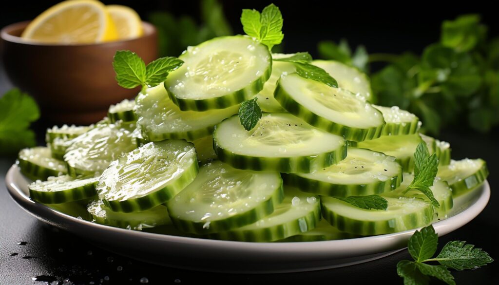 Fresh cucumber slices on a wooden plate, a healthy snack generated by AI Free Photo