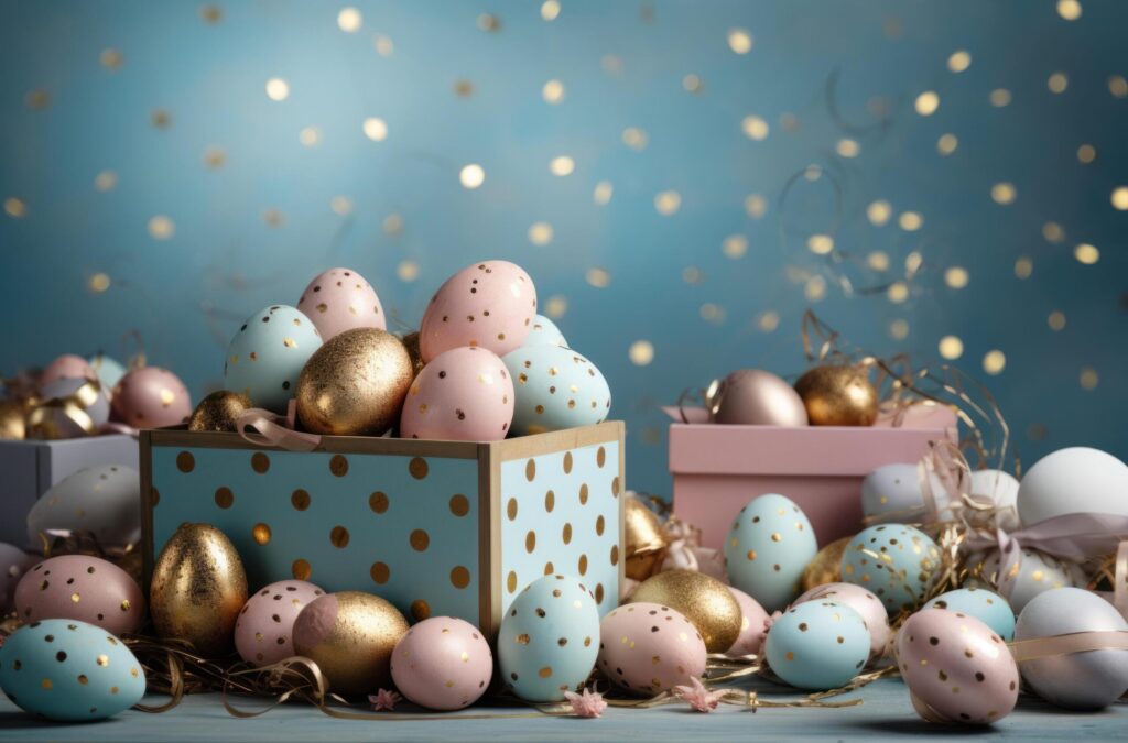 fresh easter eggs flying from a box on a blue background Free Photo