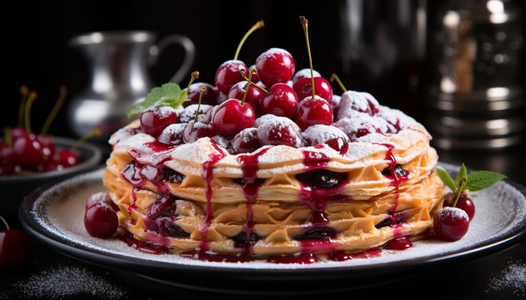 Fresh fruit dessert on wooden plate raspberry, strawberry, blueberry, homemade pancake generated by AI Free Photo