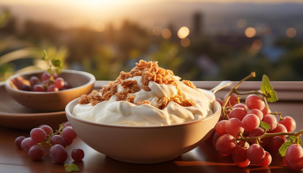 Fresh fruit dessert on wooden table, a summer indulgence generated by AI Free Photo