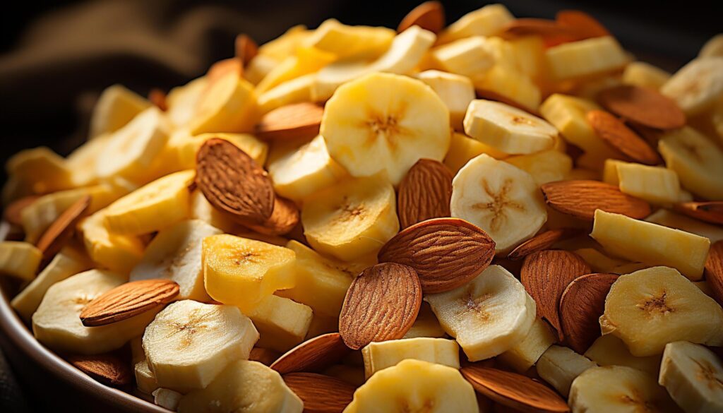 Fresh fruit salad banana, apple, almond, walnut, healthy snack generated by AI Free Photo