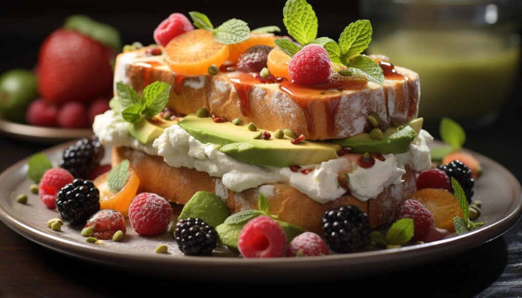 Fresh fruit salad with raspberry, strawberry, blueberry, and mint leaf generated by AI Free Photo