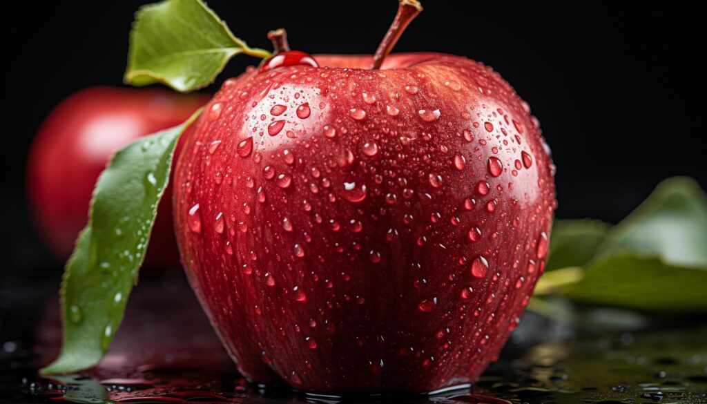 Fresh fruit, wet drop, nature healthy eating, ripe apple generated by AI Free Photo