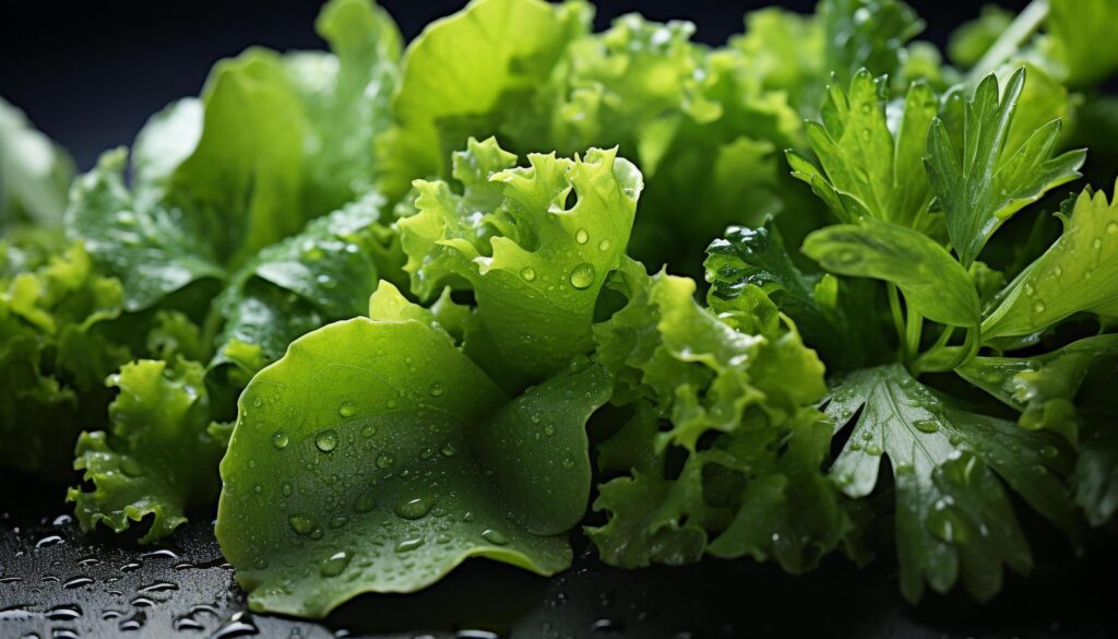 Fresh green leaf, wet with dew, a healthy vegetarian salad generated by AI Free Photo