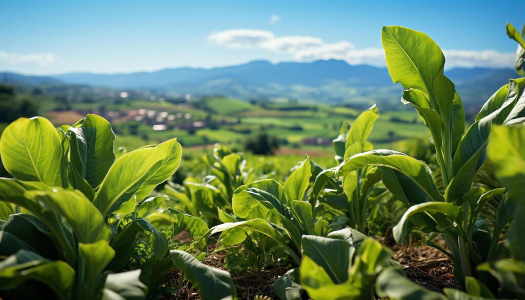 Fresh green tea leaves grow in a beautiful mountain landscape generated by AI Free Photo