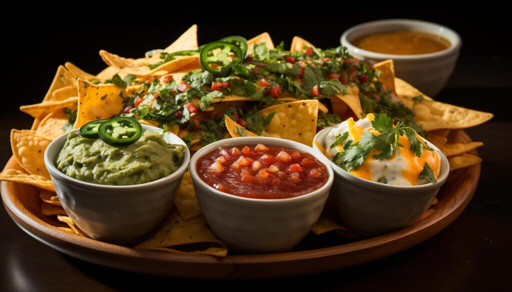 Fresh guacamole dip on a tortilla chip, a Mexican appetizer generated by AI Free Photo