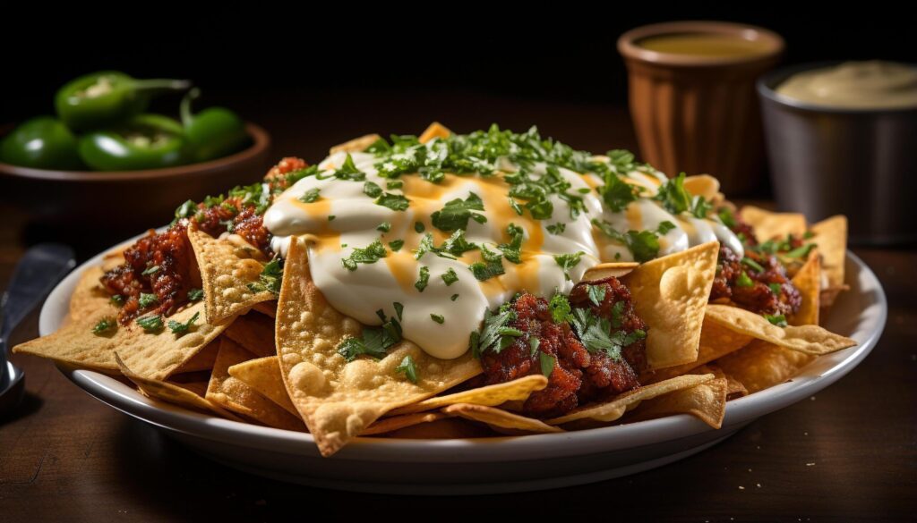 Fresh guacamole on a crunchy tortilla chip, a Mexican appetizer generated by AI Free Photo