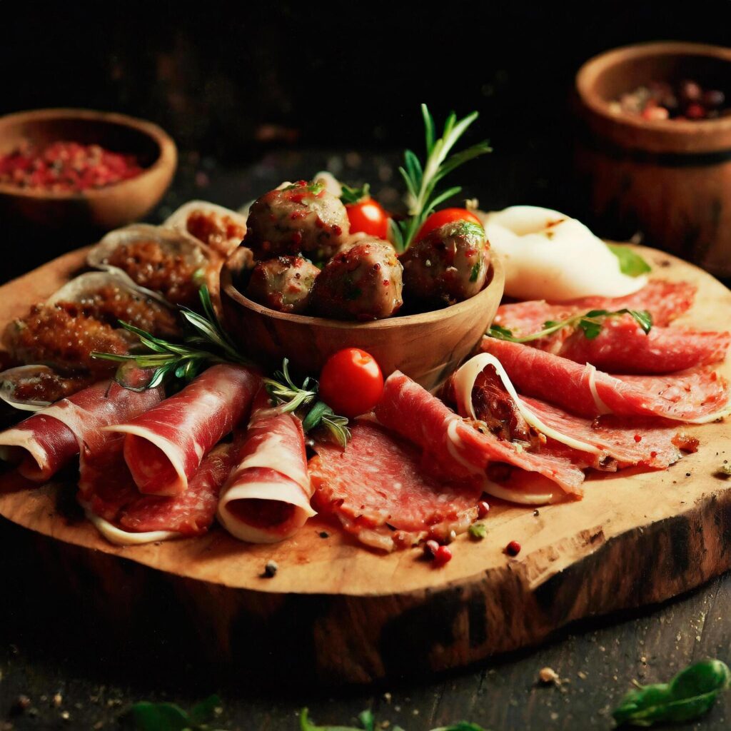 Fresh ham appetizer on a wooden platter Free Photo