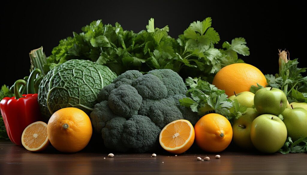 Fresh, healthy fruits and vegetables lemon, orange, tomato, lime, carrot, broccoli, cauliflower, apple, grape, parsley, onion, garlic, avocado generated by AI Free Photo