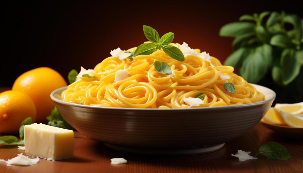 Fresh, healthy pasta meal with organic ingredients on wooden table generated by AI Free Photo