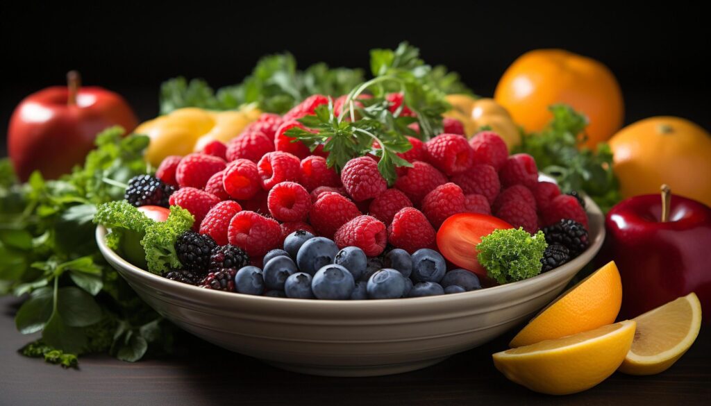 Fresh, healthy salad bowl with organic berry fruit variation generated by AI Free Photo