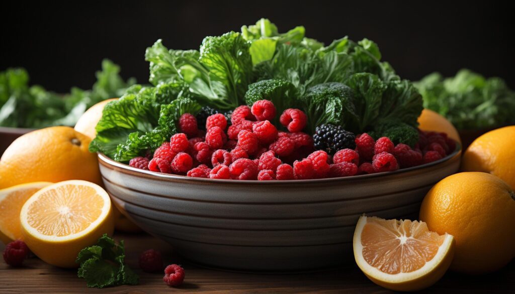 Fresh, healthy salad with organic berries and citrus on wooden table generated by AI Free Photo