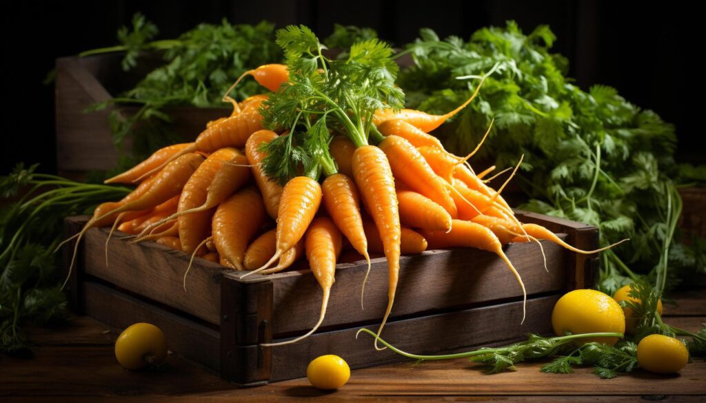 Fresh, healthy vegetables on rustic wooden table, nature bounty generated by AI Free Photo