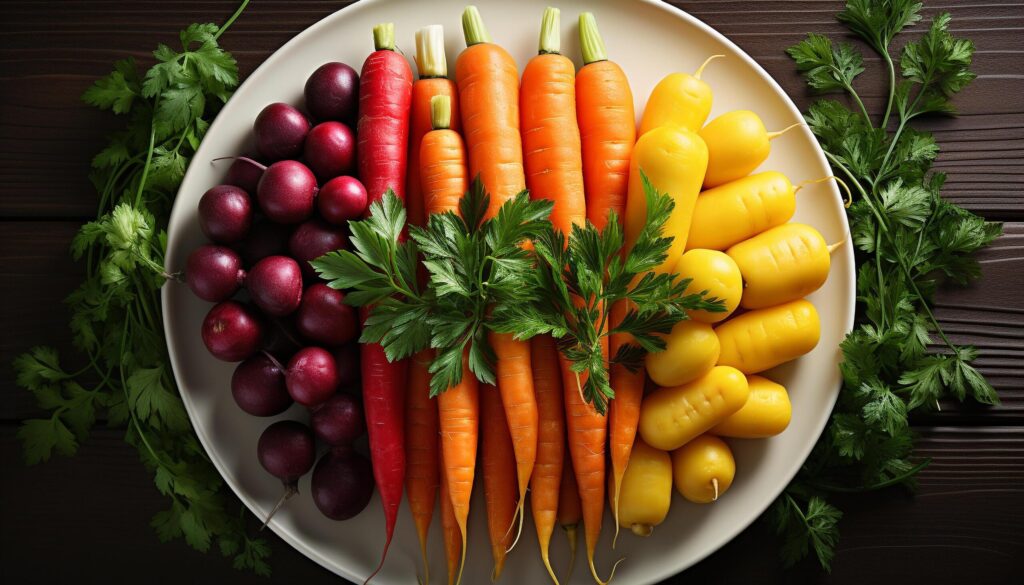 Fresh, healthy vegetarian salad with colorful organic vegetables on wooden table generated by AI Free Photo