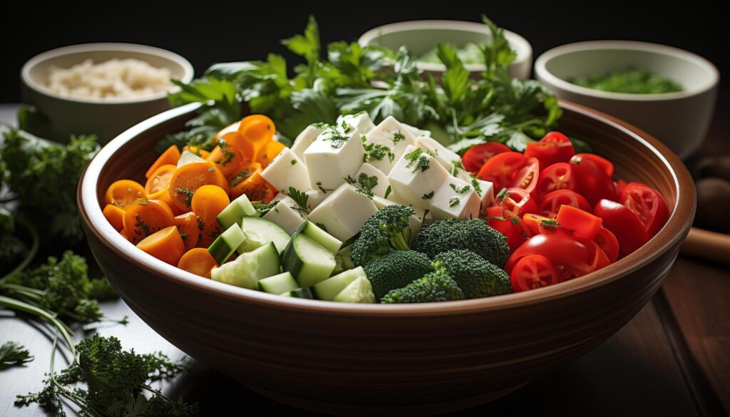 Fresh, healthy vegetarian salad with tomato, broccoli, and bell pepper generated by AI Free Photo